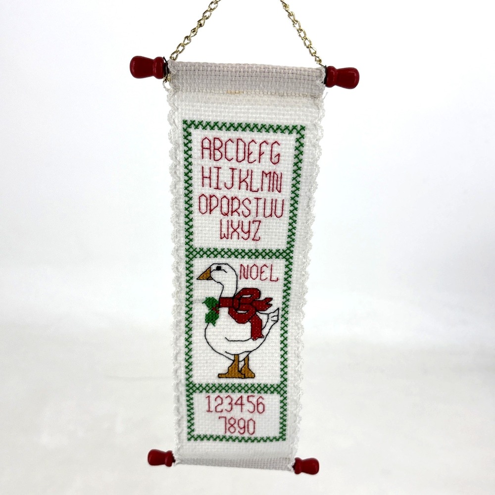 Christmas Alphabet Stitchery Hand Cross Stitch Wall Hanging Goose Noel Vintage‎